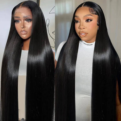Model showcasing 13x4 HD Lace Front Straight Wig, glueless human hair wig, sleek black hairstyle.