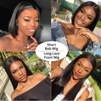 Collage of women showcasing short bob wigs and long lace front wigs in various styles and settings.