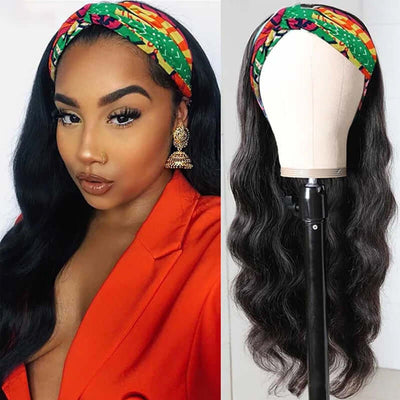 Woman wearing a vibrant headband with body wave wig, showcasing natural volume and style in Brazilian human hair.
