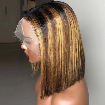 Shun Fat headgear highlight straight Brazilian human hair lace wig, showcasing medium-length hair with highlights.