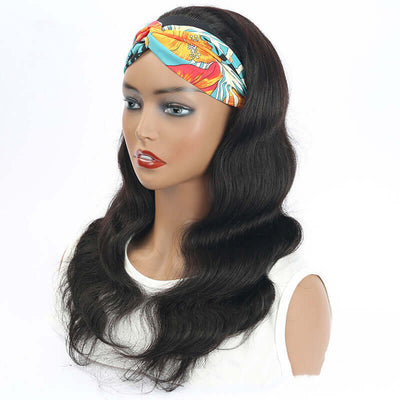 Brazilian body wave lace front wig on mannequin with colorful headband, featuring natural curls and volume, perfect for protective styles.