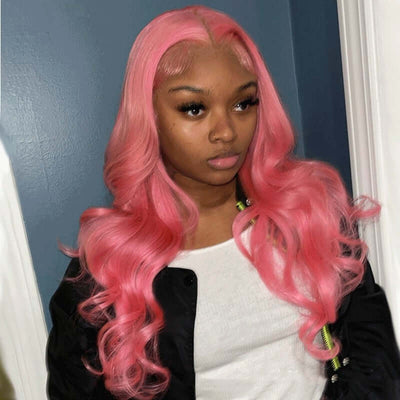 Pink body wave lace front wig on model-150% density, blue lace pre-plucked hairline pre-plucked blue lace hairline- pink body wave wig, HD transparent lace 
