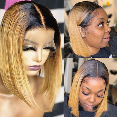 Premium quality ombre straight human hair short bob wig with lace front, showcasing vibrant color and sleek style.