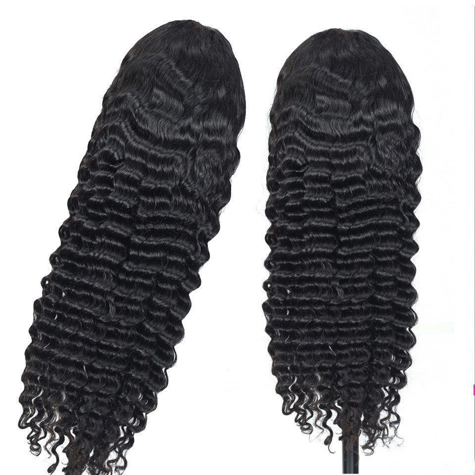 Back view of long Deep wave wig with soft, natural curls
