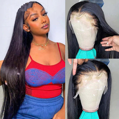 Model showcasing 100% Brazilian human hair lace wig, featuring straight hair and a natural hairline on a glueless lace front.