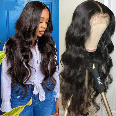 Model wearing 13x4 body wave lace front human hair wig- natural black 