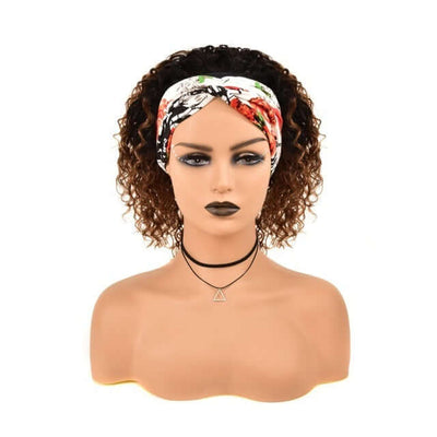 Stylish Brazilian human hair wig with floral headgear, featuring natural curly texture for a chic look.