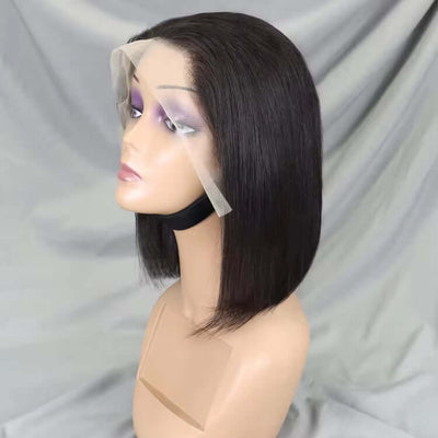 13x4 lace front bob wig with transparent lace 2. Straight bob human hair wig for Black women 3. Brazilian straight lace front wig side view 4. Pre-plucked short bob wig with natural hairline 5. Wig cap construction for 13x4 bob wig 6. Back view of human h