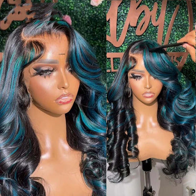 Blue green highlight big wave wig with natural curls, showcasing premium Brazilian hair texture.