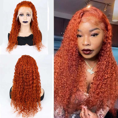 Simple and casual water wave orange wig displayed on mannequin and model, showing 13x4 HD lace front design.