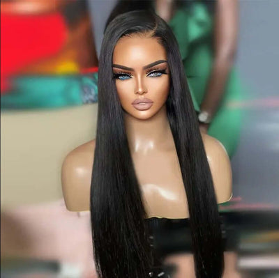  Model wearing no-glue Hd lace straight Brazilian wig -natural black