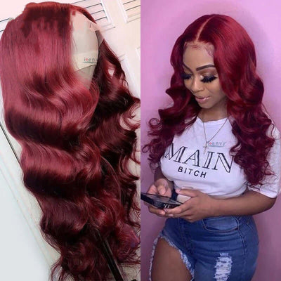13x4 wavy hair lace front wig in vibrant red, showcasing natural hairline and luscious waves on model.