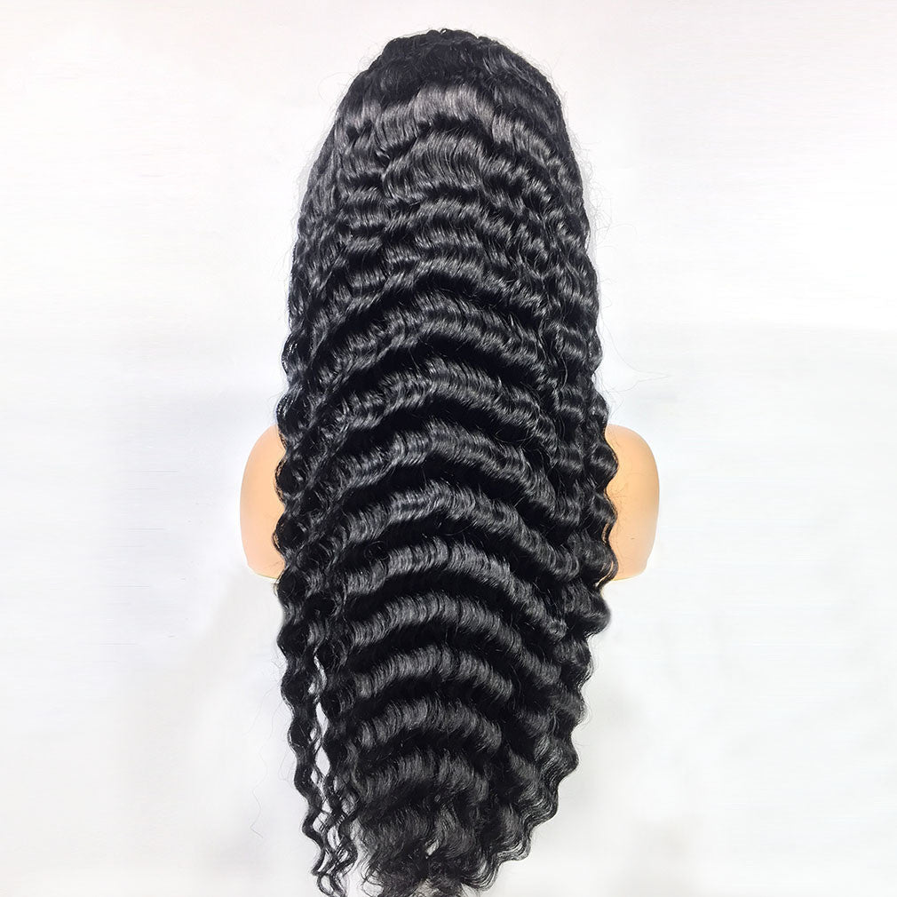 Deep wave wig on mannequin with transparent lace and adjustable cap