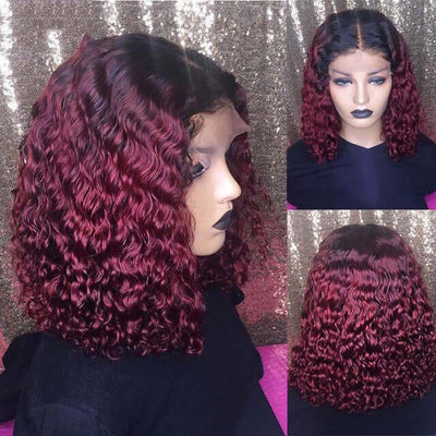 Burgundy gradient short bob lace wig with dark roots- 13x4 pre-plucked human hair