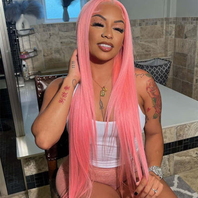 13x4 lace front human hair wig with light pink highlights.