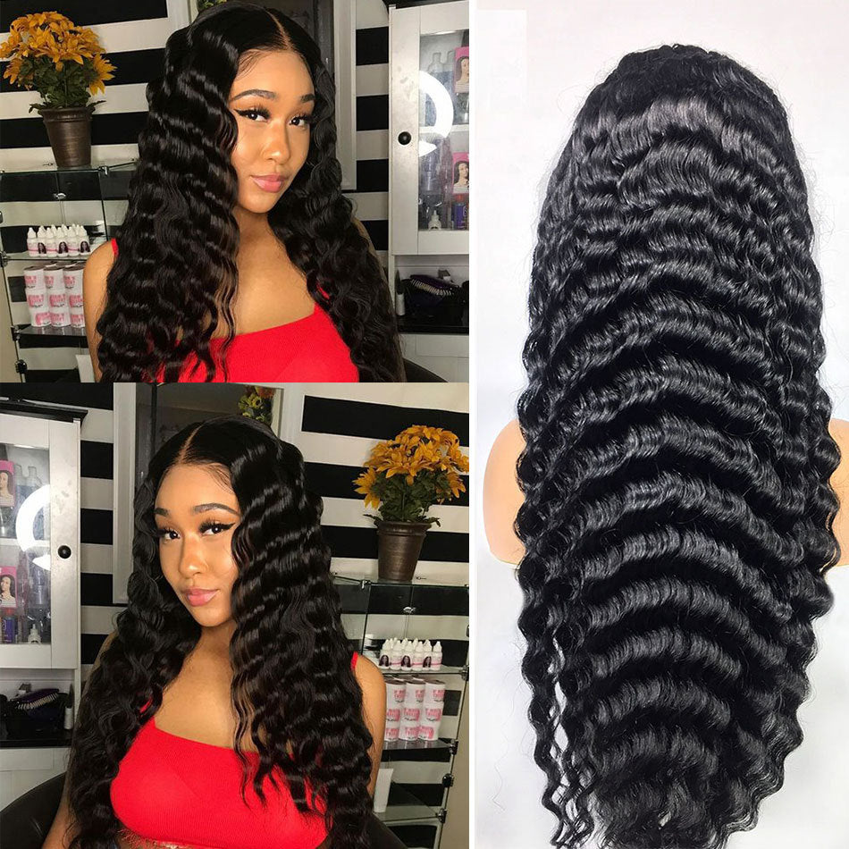 Model wearing Deep wave human Hair lace front wig with natural baby hairs