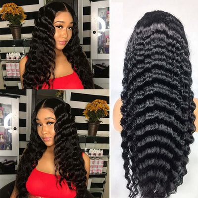 Model wearing Deep wave human Hair lace front wig with natural baby hairs