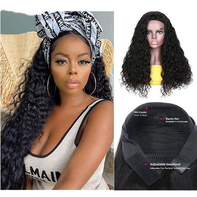 Brazilian water wave headband wig on a model showcasing adjustable strap and elastic net design for comfort and style.