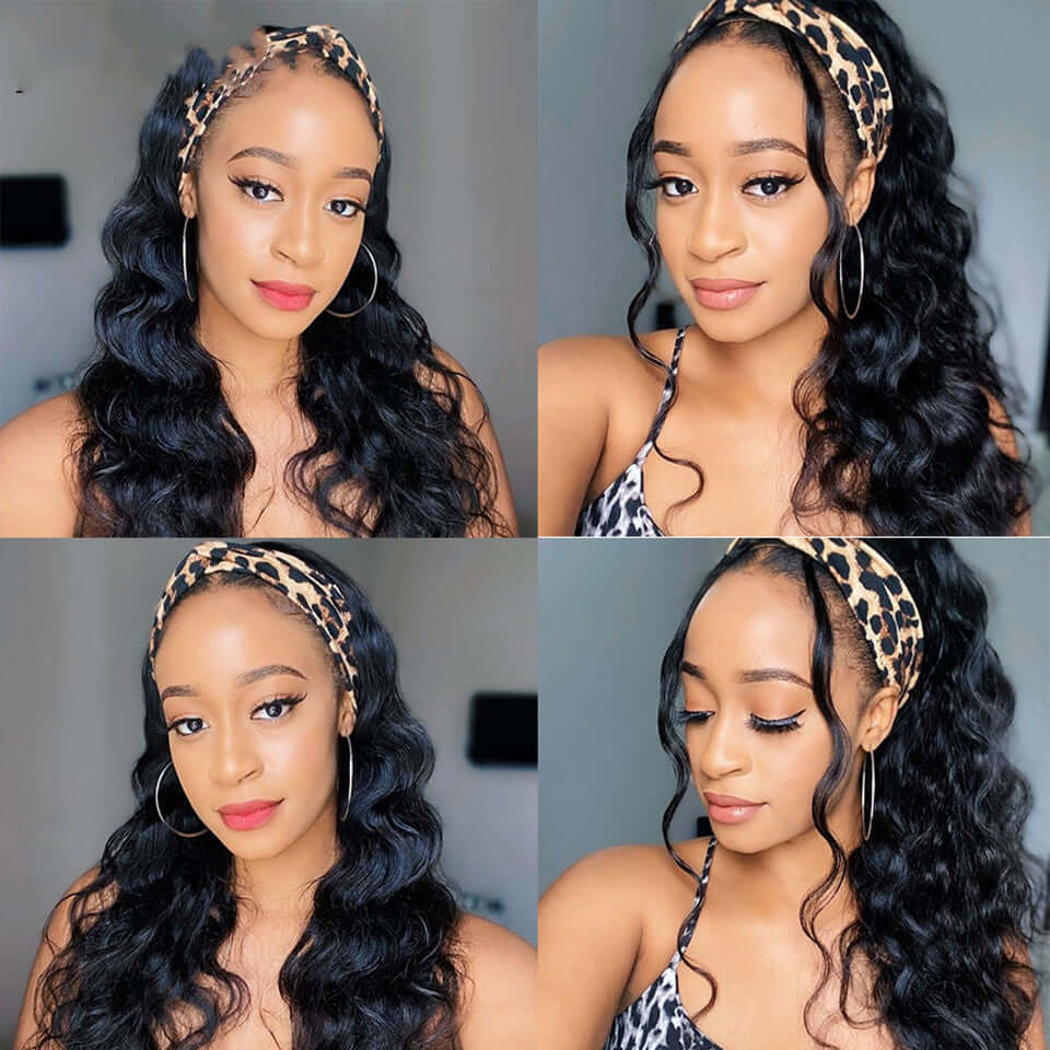 Four views of a woman wearing a long curly wig with a leopard print headband, showcasing natural texture and style.