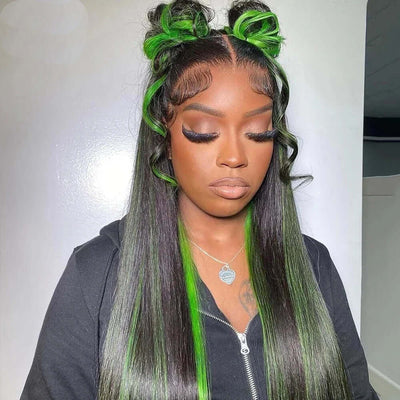 Green highlight light straight lace front wig - human hair 