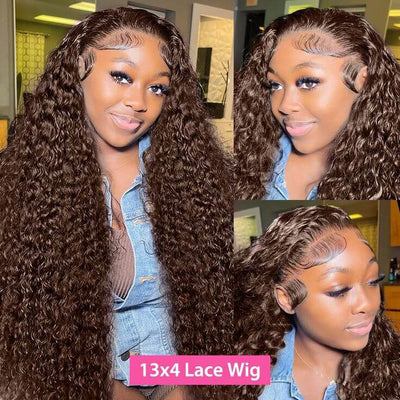  "Chocolate Brown Curly Human Hair Wig Front View HD Lace Front"
