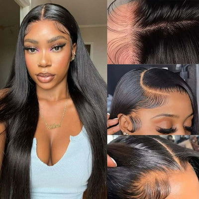 13x6 straight lace front human hair wig with natural hairline and sleek styling, showing versatility and elegance.