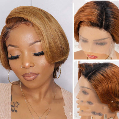 Front view of WigPixie RealHair lace front wig 2. Side view of natural black Pixie cut wig 3. Back view of short Pixie lace wig for women 4. Close-up of 13x4 lace front WigPixie hairline 5. Model wearing pre-plucked Pixie lace wig 6. Inside cap structure