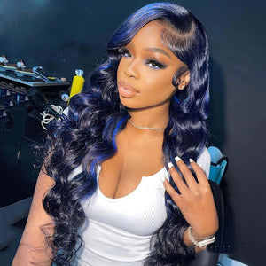 Woman wearing a body wave human hair lace front wig with pre-plucked hairline and baby hairs