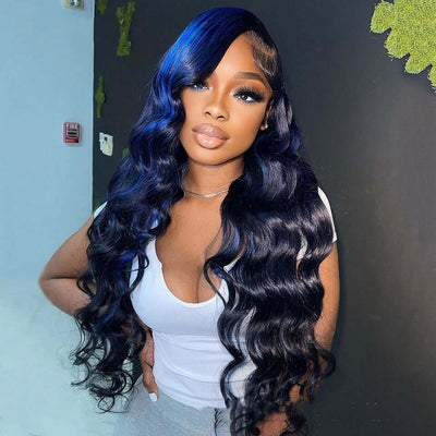 Woman wearing a body wave human hair lace front wig with pre-plucked hairline and baby hairs