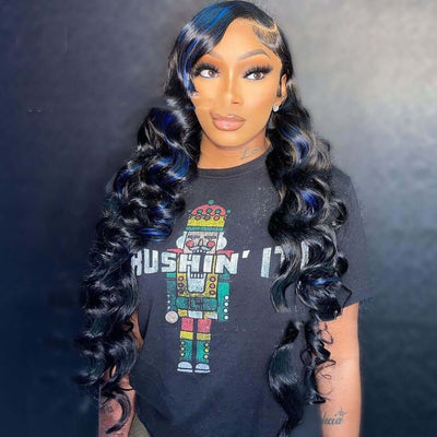 Model wearing a blue loose wave 100% human hair lace wig with pre- plucked hairline and baby hairs
