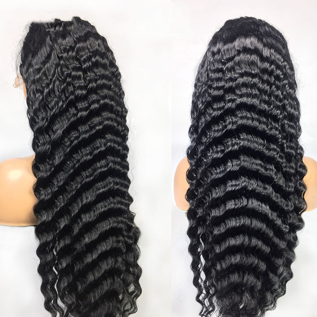 Back views of long Deep wave wig with soft , natural curls