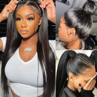 Collage of women showcasing various styles of full lace wigs with real human hair.