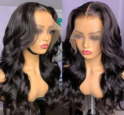 13x4 lace front body wave human hair wig in natural black 