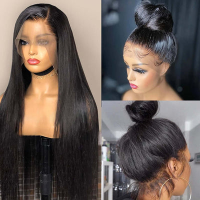 Pre-plucked straight black lace front wig made from 100% human hair, featuring a medium length and glueless design for a natural look and comfortable fit