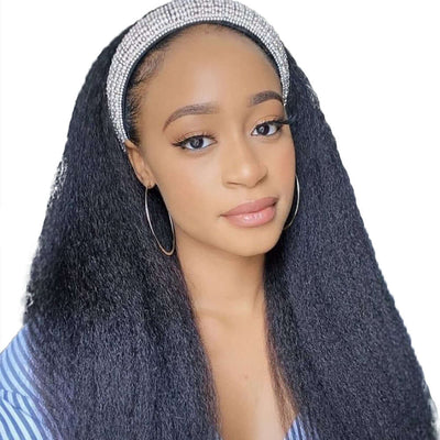Model showcasing a Headband Wig Human Hair Kinky Straight style with natural texture, perfect for daily wear.
